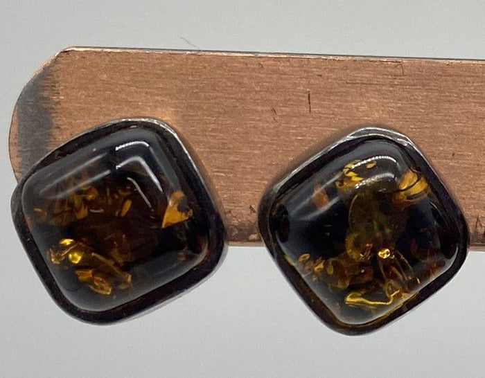 Vintage Amber Square Sterling Silver Stud Earrings