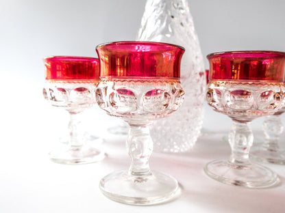 Vintage King’s Crown Ruby Flashed Glasses And Decanter By Tiffin Franciscan 9 Piece Set