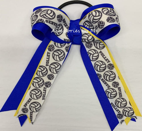 Volleyball Print Ribbon with Words Yellow and Electric Blue Ponytail Holder Bow
