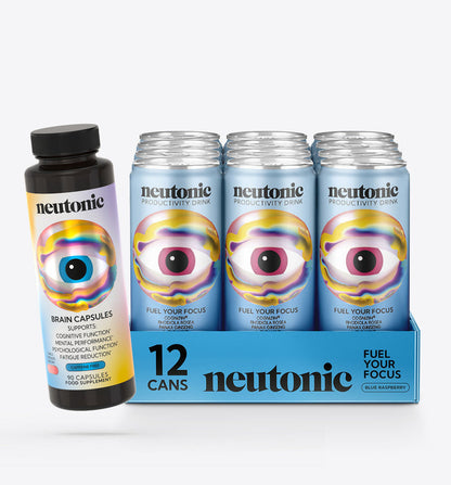 Set of 12 metallic blue cans with large eye graphic labeled neutonic, plus black bottle of brain capsules labeled neutonic. - Neutonic - Workday Focus Bundle
