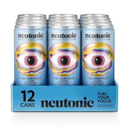 Twelve-pack of blue cans labeled Neutonic Productivity Drink with colorful eye graphic, packaged in blue tray. - Neutonic - Workday Focus Bundle